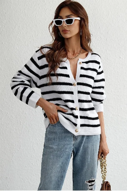 BUTTON DOWN COLOR STRIPE SHORT CARDIGAN Asymmetrical,ymmetric Pencil Cardigan