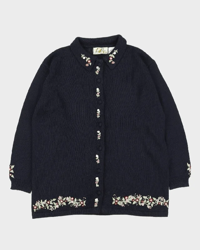 Blue With Floral Embroidery Knitted Cardigan - L Thin Thick Dense