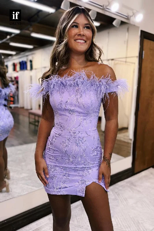 F1781 - Adorable Strapless Feathers Appliques Tight Short Cocktail Homecoming Party Dress Cowl Neckline Elegant