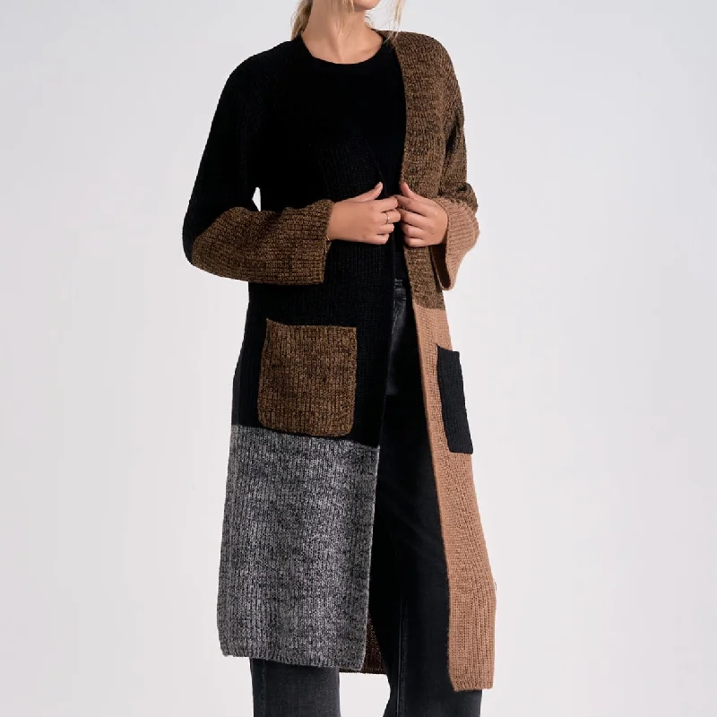 Elan Black/Brown Color Blocked Cardigan Silk Blend Satin Velvet