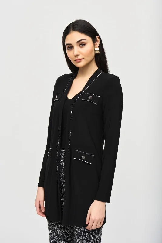 Joseph Ribkoff Black Contrast Stitch Trim Cardigan 243223 Satin Blend Silk Blend Wool Blend