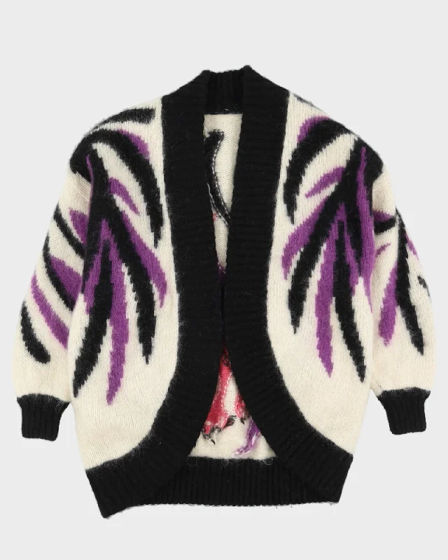 White Cockerel Patterned Knitted Cardigan - M Handmade Hand-knitted Hand-woven