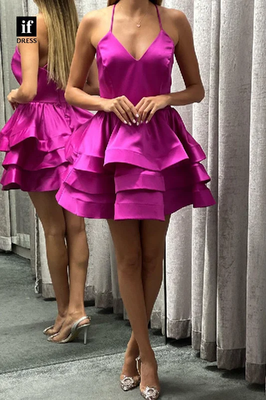 F1761 - A-Line V-Neck Tiered Satin Sleeveless Short Cocktail Homecoming Party Dress Lace Sexy Club