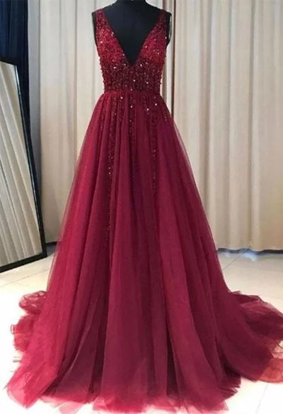 Red Prom Dress Tulle Lace Appliques V neck Prom Gown Wedding Party Dress Tunics Timeless classic