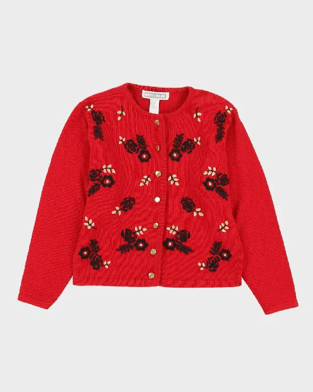 Red Embroidered Knitted Cardigan - S Houndstooth Herringbone Solid