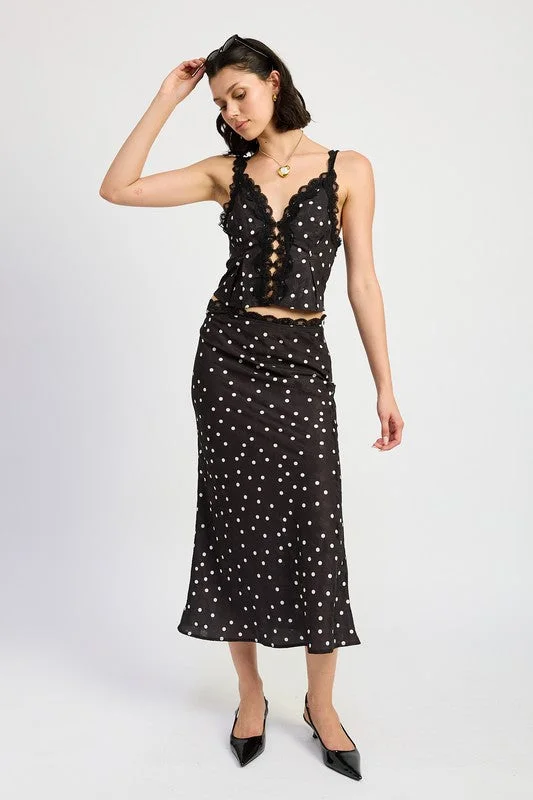 SATIN MIDI SKIRT WITH LACE TRIM lace skirt intricate