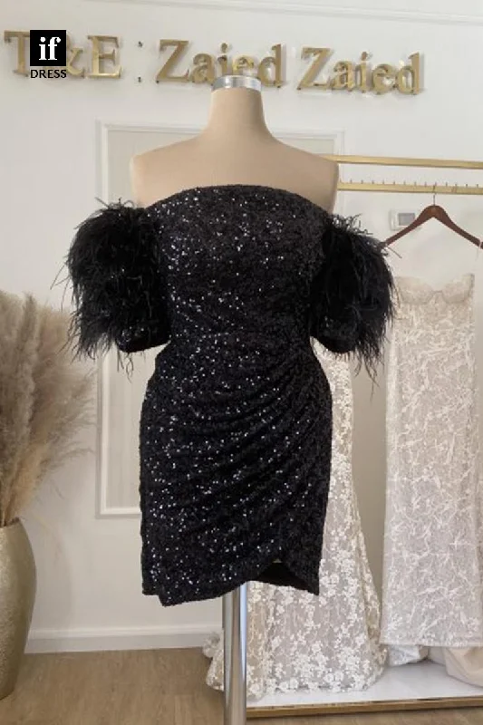 F1871 - Mature Off-Shoulder Full Sequins Feathers Tight Cocktail Homecoming Party Dress Tunics Practical easy-care