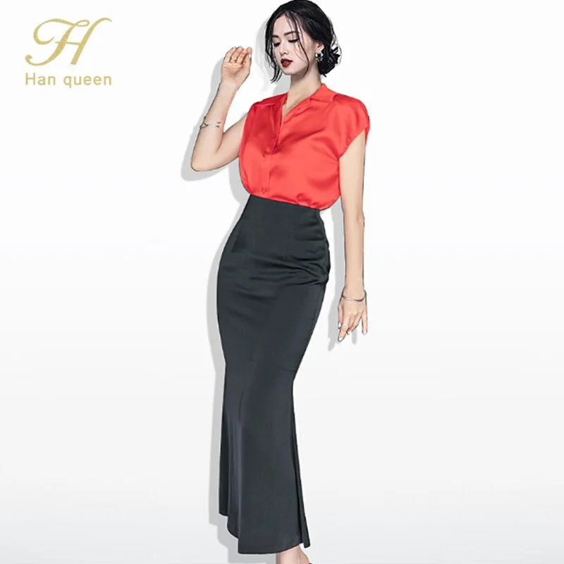 H Han Queen Korean Women Autumn OL Work Wear 2 Pieces Suit Sleeveless Top & Sheath Long Mermaid Skirt Casual Occupation Set 2022 corduroy skirt durable
