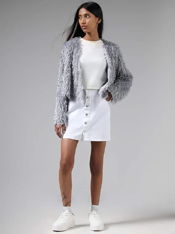 Nuon Solid Grey Fur Cardigan Polka Dot Checkered Tartan