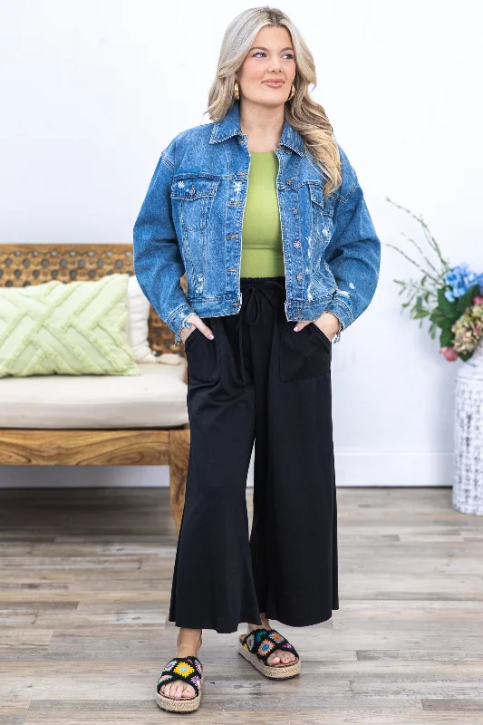Black Tie-Wide Waist Banded Crop Pants Classic Pleated Pants