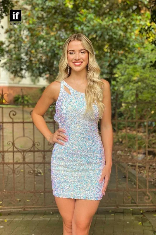 F1237 - Classy One Shoulder Sequined Mini Graduation Party Dress Tunics Short Trendy F1237 - Classy One Shoulder Sequined Mini Graduation Party Dress Tunics Short Trendy