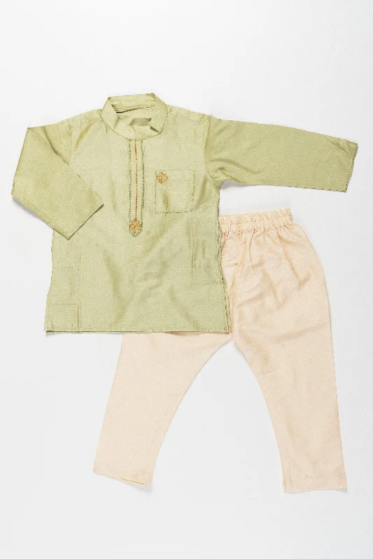 Sophisticated Green Embroidered Kurta with Beige Pant Set for Boys Stylish Slim Trousers Sophisticated Green Embroidered Kurta with Beige Pant Set for Boys Stylish Slim Trousers
