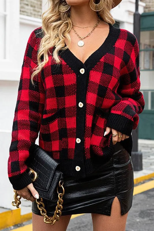 WOMENS PLAID BUTTON DOWN CARDIGAN Fleece Fabric Down Fabric Feather Fabric