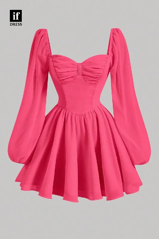 F1584 - Classic A-Line Sweetheart Long Sleeves Ruched Cocktail Homecoming Party Dress Tunics Lace romantic