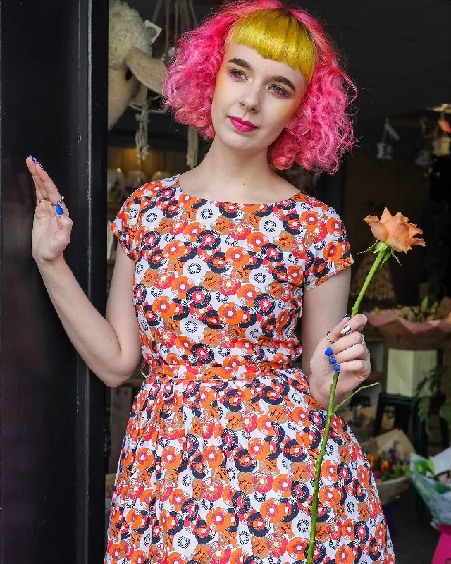 Vinyl Record Print Off White Tea Party Dress Satin Halter Glamorous
