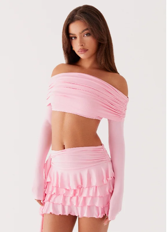 Bardot Frill Mini Skirt - Candy Pink ribbed skirt waist