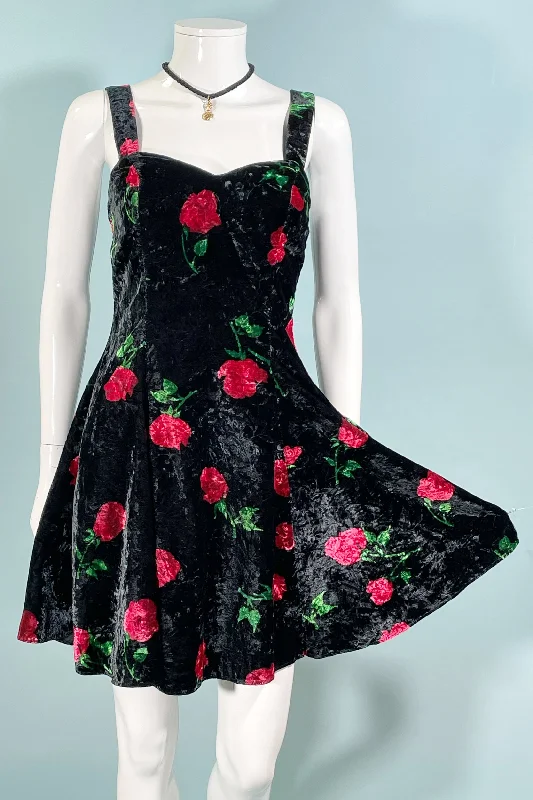 Vintage 90s Black Velvet Mini Dress, Floral Print Grunge Party Dress XS/S Tunics Trendy modern