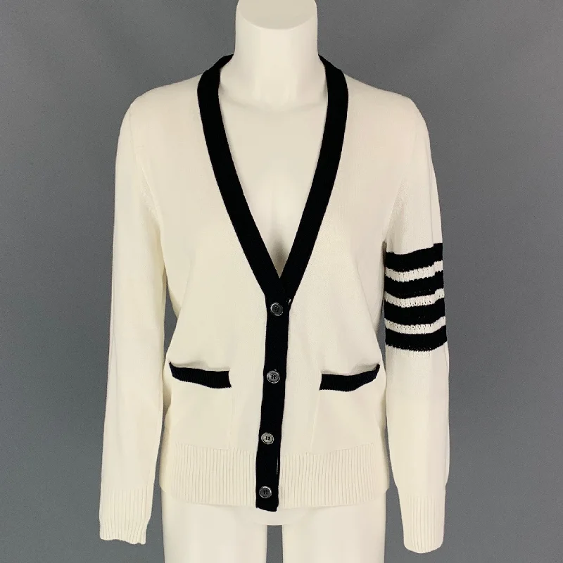 THOM BROWNE Size S White & Navy Knitted Cotton Cardigan Asymmetrical,ymmetric Pencil Cardigan