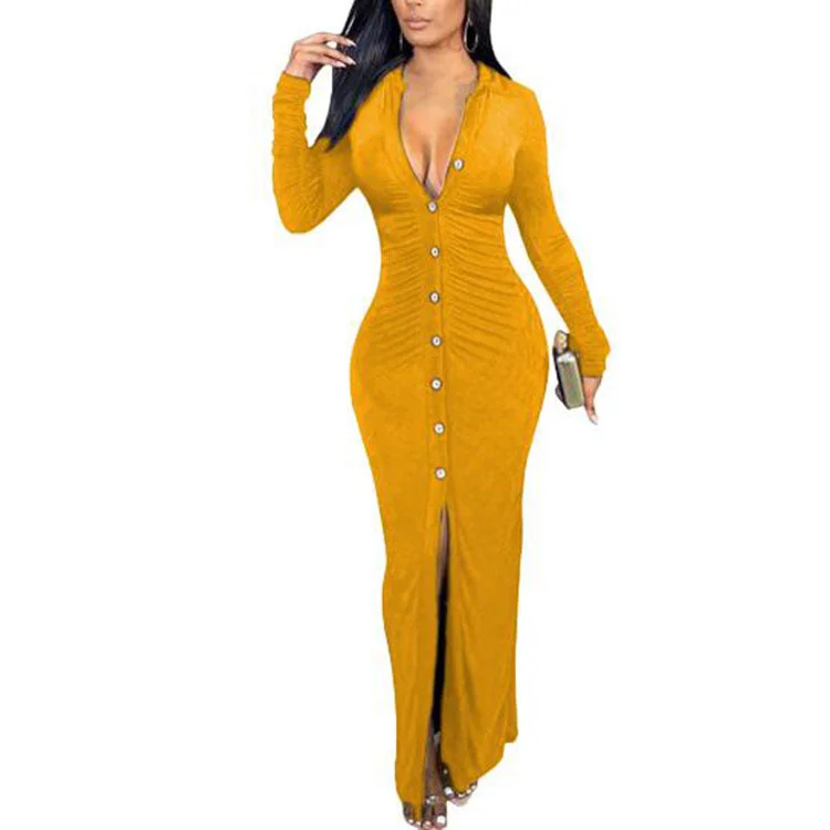 Wholesale S-3XL 2022 Fall Women Plus Size Plain Long Dresses for 2022 Women Lady Casual Long Sleeve Party Elegant Cardigan Dress Spandex Blend Rayon Blend Denim Blend