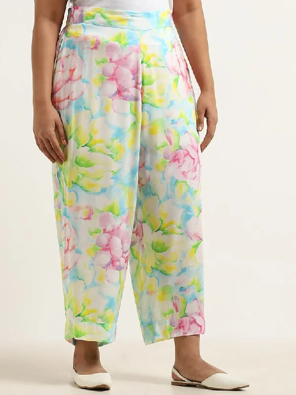 Diza Multicolor Floral Cotton Wide-Leg Pants Classic Pleated Pants