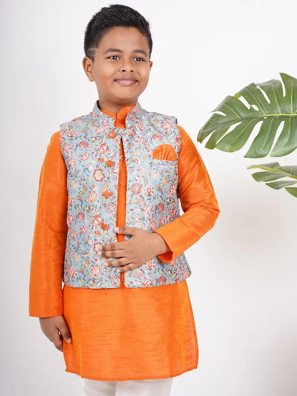 Fire Orange Kurta For Boys With Blue Floral Overcoat And Attached Pant Cozy Full-Length Pants Fire Orange Kurta For Boys With Blue Floral Overcoat And Attached Pant Cozy Full-Length Pants