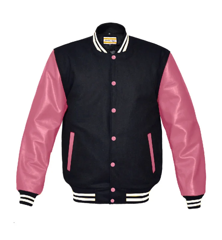 Original American Varsity Real Pink Leather Letterman College Baseball Women Wool Jackets #PKSL-WSTR-PKB-BBand Ribbed Jacket Pleated Jacket Ruffled Jacket
