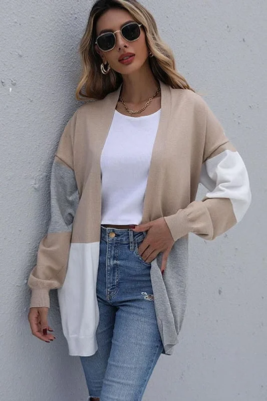 KNIT OPEN FRONT CASUAL COLOR BLOCK CARDIGAN Mesh Blend Leather Blend Suede Blend