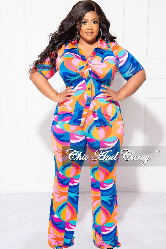 Final Sale Plus Size 2pc Button Up Collar Tie Top And Pants Set In Multi Color "Mercy Me" Print Trendy Printed Pants