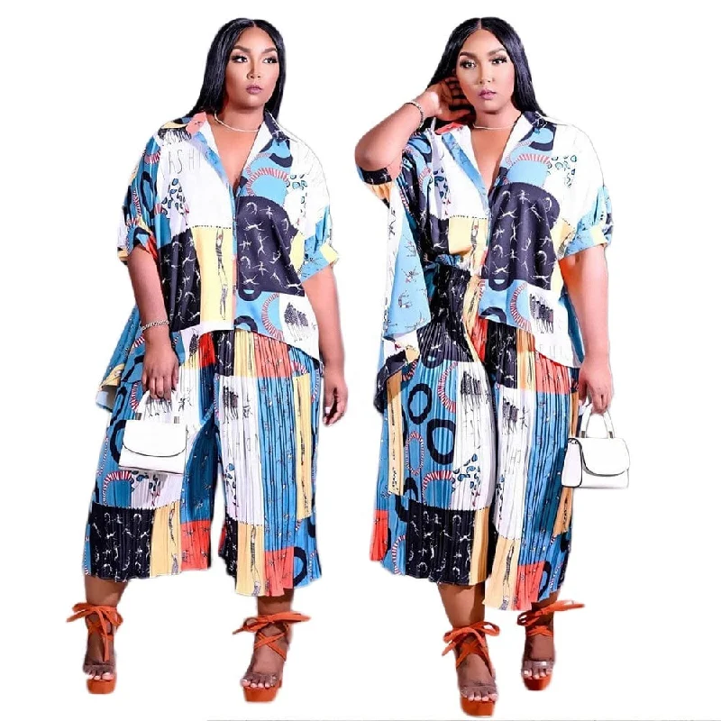 LW plus size set sexy printed short sleeve cardigan blouses shirt top 2piece women outfit top shirts and pants sets Spandex Rayon Corduroy