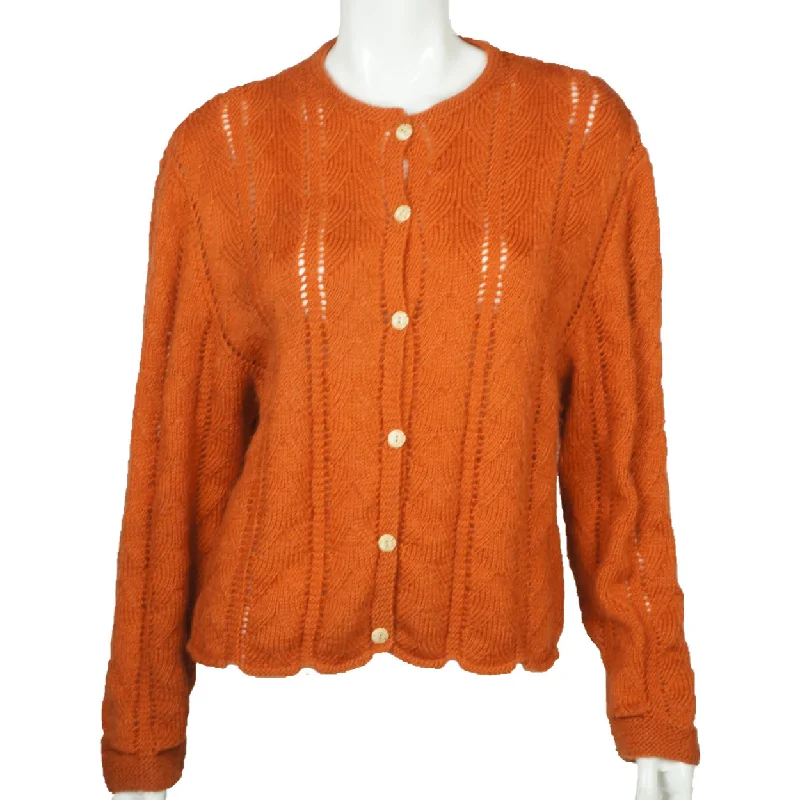 Vintage Hand Knit Sweater Cardigan Style 1960s Rust Brown Wool Ladies Size L Lace Blend Ribbed Blend Corduroy Blend