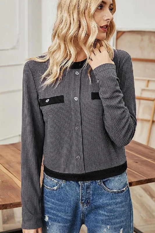 WOMEN CREW NECK BUTTON UP SHORTS CARDIGAN Soft Cozy Warm