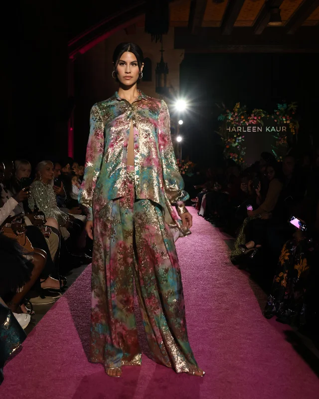 MIRAKI Wide-Leg Green, Pink and Gold Pant High-Waist Jeans