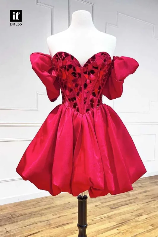 F1888 - Unique Off-Shoulder Bead A-Line Puff Sleeves Cocktail Homecoming Party Dress Off-the-shoulder Chic Trendy