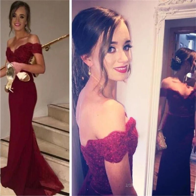 Burgundy Off Shoulder Mermaid Best Sales Inexpensive Lace Long Prom Party Dresses for wedding, PD0165 Tunics Fall fleece