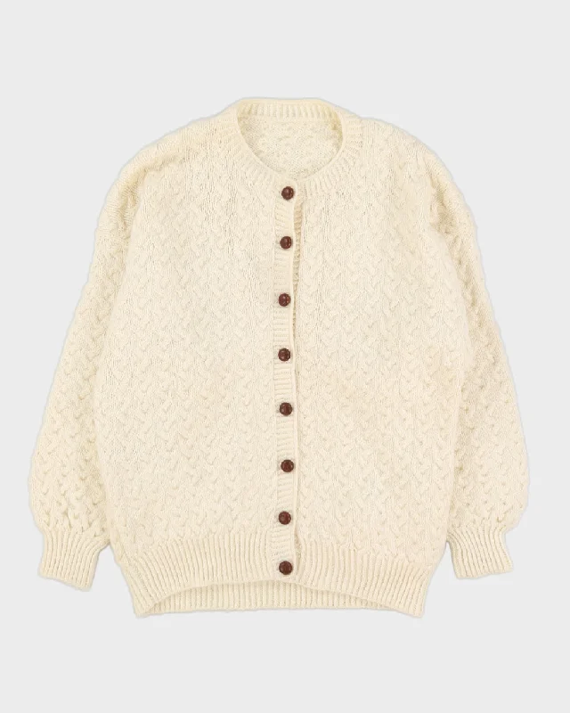 Cream Hand Knitted Cardigan - L Collared Crew Neck Turtle Neck