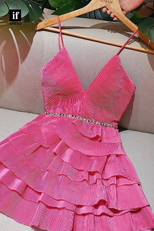 F1509 - Spaghetti Straps V-Neck Tiered Beads Cocktail Homecoming Party Dress Tunics Cozy soft