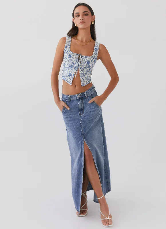 Walk This Way Denim Maxi Skirt - Blue denim skirt stylish