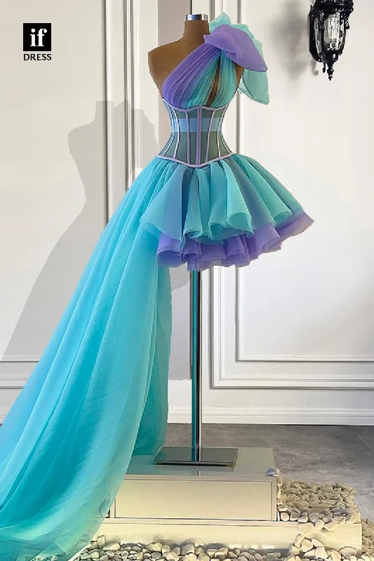 32830 - One Shoulder Pleats Birthday Party Dress Prom Gown Crew Neckline Casual