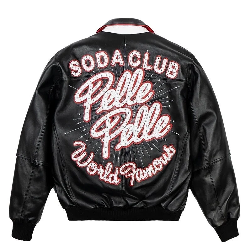Pelle Pelle World Famous Soda Club Leather Varsity Jacket - Black Cotton Jacket Linen Jacket Terry Jacket Pelle Pelle World Famous Soda Club Leather Varsity Jacket - Black Cotton Jacket Linen Jacket Terry Jacket