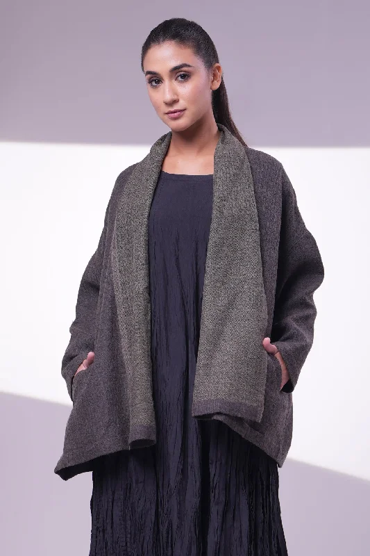 Grey Wool Jacket A-Line Jacket Boat Neck Shawl Collar