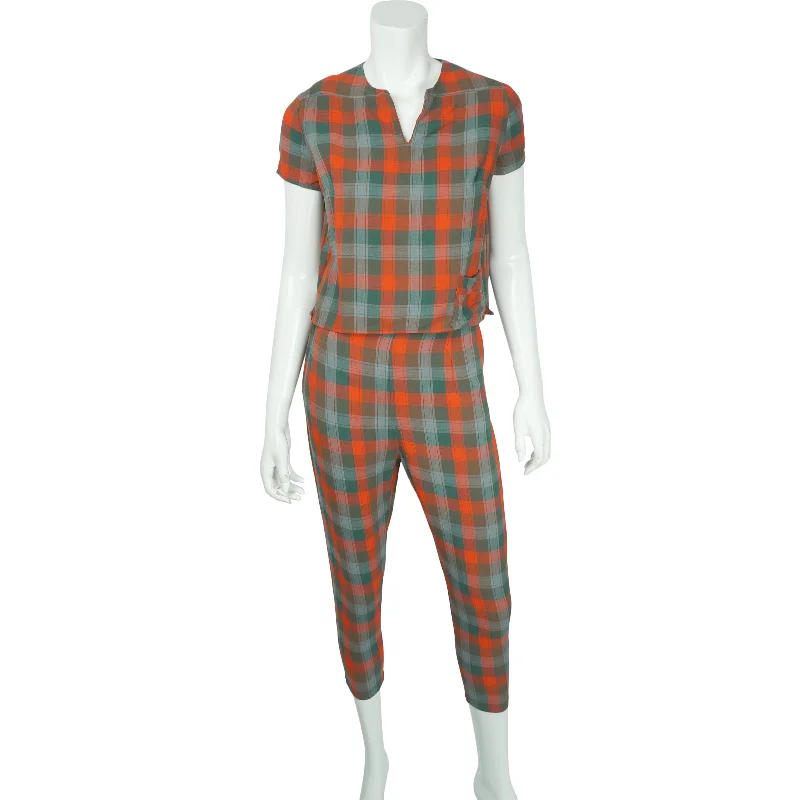 Vintage Plaid 50s Capri Pants & Top Set Size XS XXS Trendy High-Waist Trousers