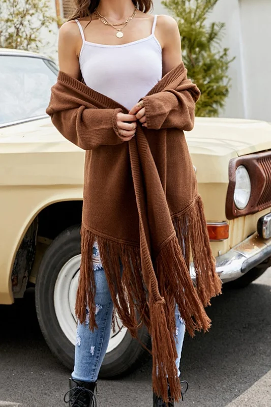 WOMEN OVERSIZED LOOSE FIT LONG TASSLE CARDIGAN Cotton Fabric Linen Fabric Terry Fabric