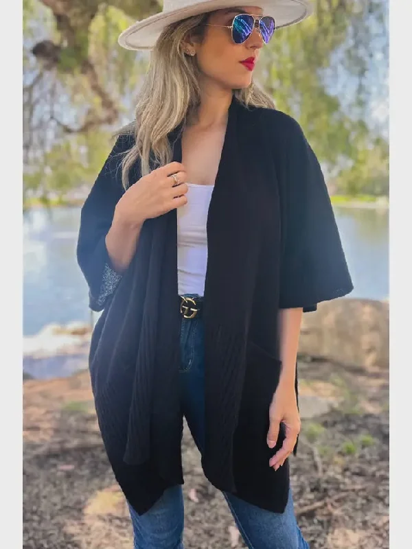 Black Pocket Detail Knit Kimono Cardigan Handmade Hand-knitted Hand-woven