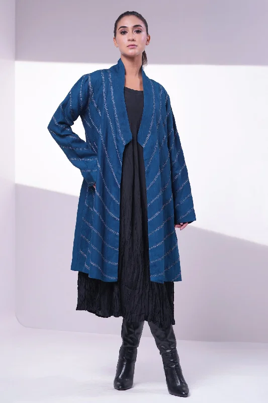 Blue  Handwoven Cotton Embroidered Jacket Zippered Front Buttoned Front Snap Front