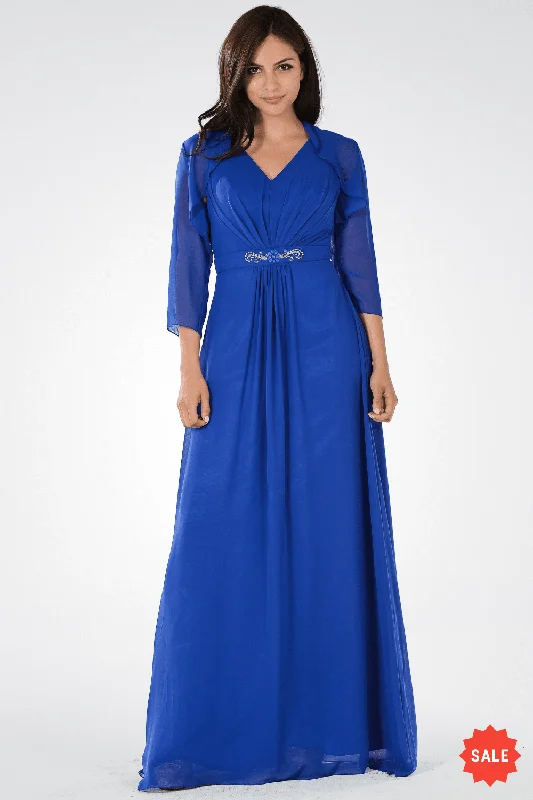 Long V-Neck Dress with Bolero Jacket by Poly USA 7770 Ribbed Jacket Pleated Jacket Ruffled Jacket