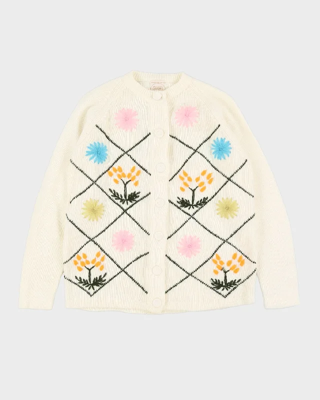 Vintage 1980s White Embroidered Knitted Cardigan - S Neon metallic Matte