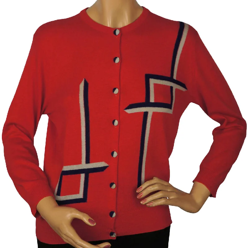 Vintage 1950s Pringle Scottish Cashmere Sweater Red Intarsia Cardigan Ladies M Tailored Straight A-Line