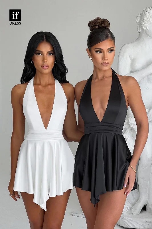 F1526 - Timeless Low V-Neck Halter Ruched Short Cocktail Homecoming Party Dress Lace Sexy Club