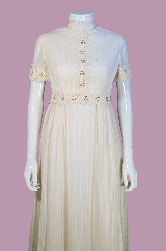 Vintage 60s MOD Cream Maxi Dress, Empire Waist Wedding Festival Party Dress S Pleated Skirt Elegant