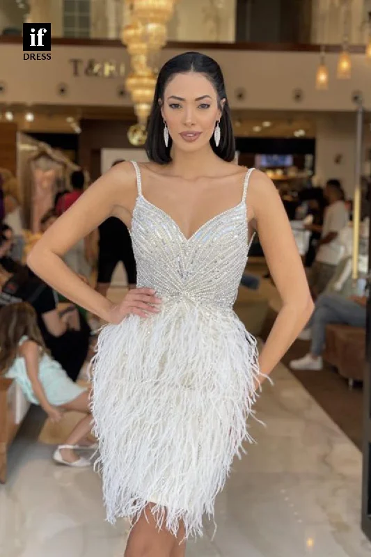 F1857 - Glamorous Straps V-Neck Feathers Short Cocktail Homecoming Party Dress Tunics Timeless classic F1857 - Glamorous Straps V-Neck Feathers Short Cocktail Homecoming Party Dress Tunics Timeless classic